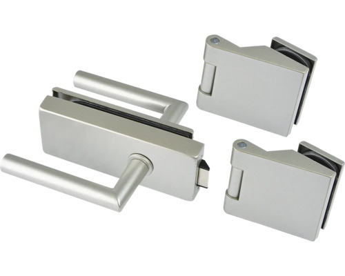 Glastürbeschlagsgarnitur Classic, unversperrbar, Aluminium Edelstahl-Effekt Glastürbeschlagset mit Griff und zwei Scharnieren
