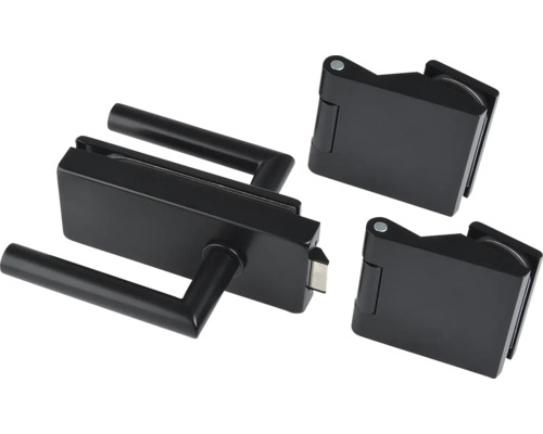 Glastürbeschlagsgarnitur Classic, unversperrbar, Aluminium schwarz RAL 9005 Glastürschloss-Garnitur mit zwei Türbändern
