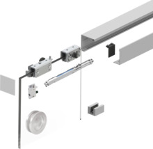 Schiebetürbeschlag für Glastüren mit Laufschiene, Rollenwagen, Soft-Close-Dämpfung und kreisförmigem Muschelgriff.