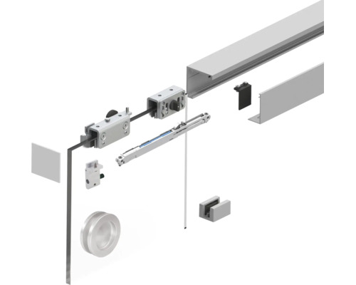 Schiebetürbeschlag für Glastüren mit Laufschiene, Rollenwagen, Soft-Close-Dämpfung und kreisförmigem Muschelgriff.