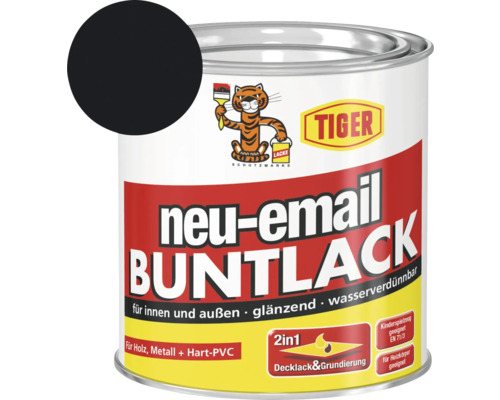 Tiger neu-email Buntlack RAL 9005 tiefschwarz 125 ml Dose Buntlack für den Innen- und Außenbereich, glänzend, wasserverdünnbar, geeignet für Holz, Metall und Hart-PVC