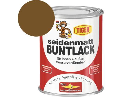 Tiger seidenmatt Buntlack RAL 8011 nussbraun 750 ml Tiger Buntlack seidenmatt Lackdose für den Innen- und Außenbereich mit Farbbeispiel
