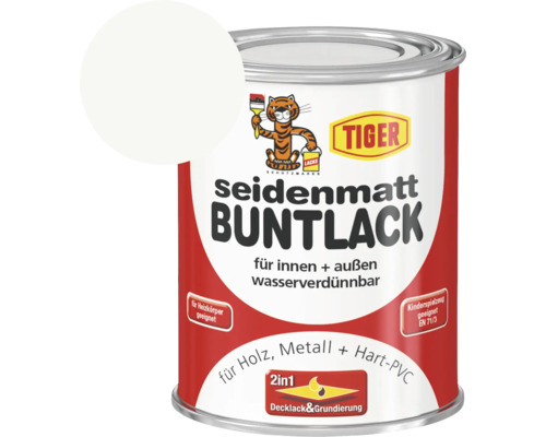Tiger seidenmatt Buntlack RAL 9016 verkehrsweiß 750 ml Tiger Buntlack seidenmatt, Lackdose mit Farbfeld
