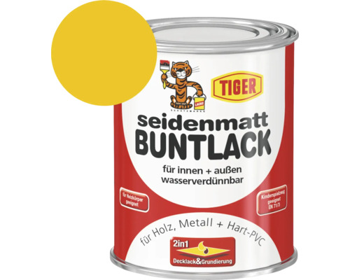 Tiger seidenmatt Buntlack RAL 1021 rapsgelb 125 ml Dose Tiger seidenmatt Buntlack für den Innen- und Außenbereich, geeignet für Holz, Metall und Hart-PVC