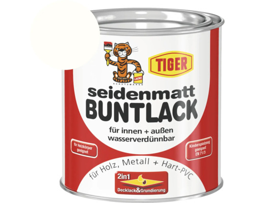 Tiger seidenmatt Buntlack RAL 9010 reinweiß 375 ml Tiger Buntlack seidenmatt für innen und außen im Farbeimer