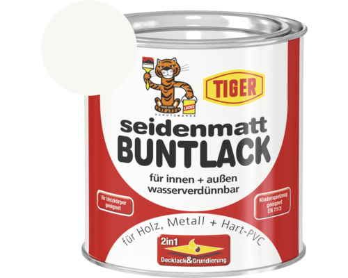 Tiger seidenmatt Buntlack RAL 9016 verkehrsweiß 375 ml Tiger seidenmatter Buntlack für innen und außen, geeignet für Holz, Metall und Hart-PVC