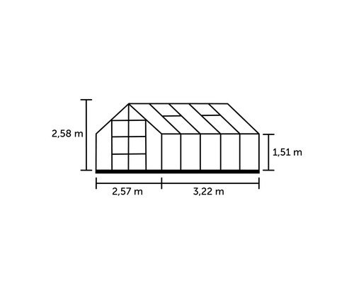 Gewächshaus Halls Magnum 108 8,3 m² Sicherheitsglas 3 mm 257x322 cm Aluminium Technische Zeichnung eines Gewächshauses mit Maßangaben