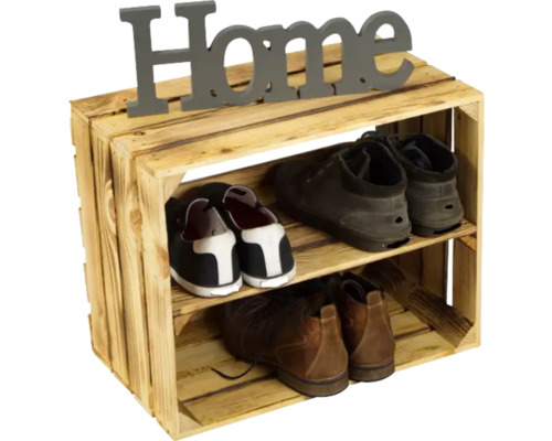 Schuhregal aus Holzkiste mit zwei Ablagen und Home Schriftzug