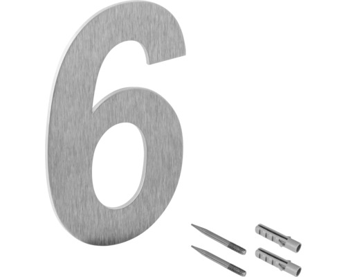 Hausnummer 6 aus Edelstahl mit Befestigungsmaterial