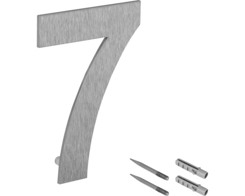 Hausnummer 7 aus Edelstahl mit Befestigungsmaterial
