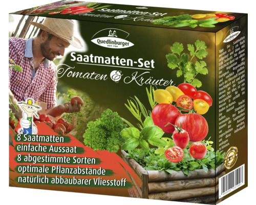 Saatmatten-Set Quedlinburger 'Tomaten- & Kräutermix' mit Petersilie, Basilikum, Dille, Kresse, Oregano, Thymian, Salbei & Tomate Saatmatten Set Tomaten und Kräuter in Verpackung