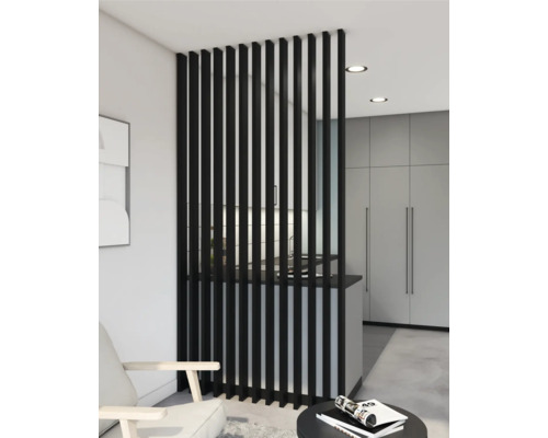 Lamelle für Raumtrenner Lamellenwand schwarz 2800 x 88 x 22 mm Modernes Wohnzimmer mit Raumteiler aus schwarzen Holzlamellen