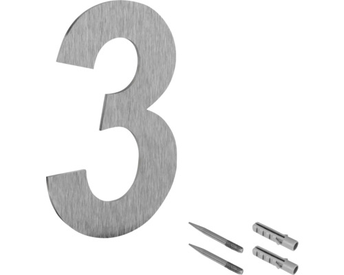 Hausnummer 3 aus Edelstahl inklusive Befestigungsmaterial