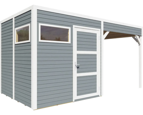Gartenhaus mit Tür, Fenstern und überdachtem Bereich