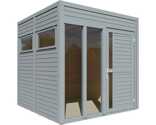 Graues Gartenhaus mit Fenstern und Tür