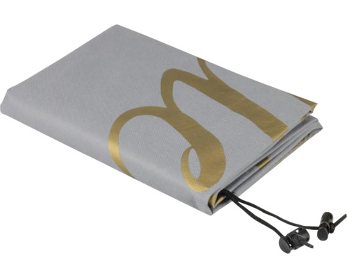 Graue Tasche mit goldenem Aufdruck und Kordelzug