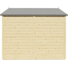 Rückansicht eines Gartenhauses aus Holz mit Dachpappe