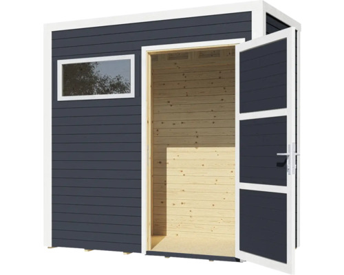 Gartenhaus mit Fenster und geöffneter Doppeltür