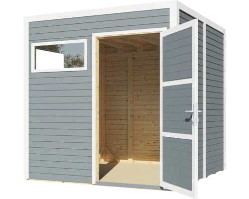 Gartenhaus mit Fenster und geöffneter Doppeltür aus Holz