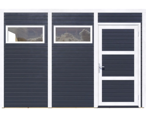 Fassade eines Gartenhauses mit Fenster und Tür