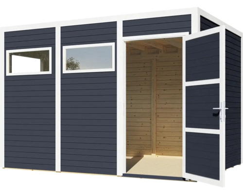 Gartenhaus mit Fenster und geöffneter Doppeltür