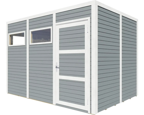 Graues Gartenhaus mit Fenster und Tür