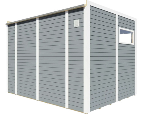 Graues Gartenhaus mit Fenster und Belüftung