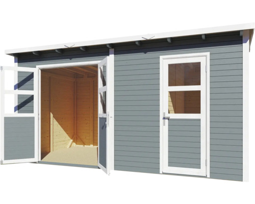 Graues Gartenhaus mit geöffneter Doppeltür und Fenstertür