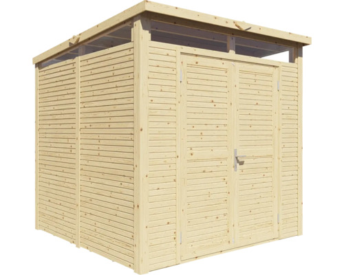 Holzgartenhaus mit Doppeltür und Lamellenstruktur