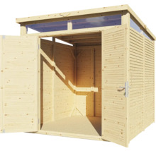 Holzgartenhaus mit geöffneten Doppeltüren und Fenstern im Dachbereich.