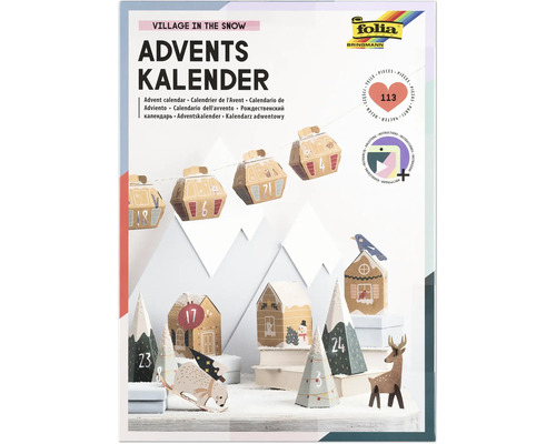 Adventskalender zum Basteln eines kleinen Dorfes in einer Schneelandschaft
