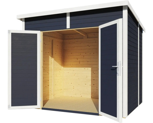 Holzgartenhaus mit geöffneten Doppeltüren