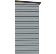 Außenwand einer Gerätehütte mit horizontaler Holzverkleidung