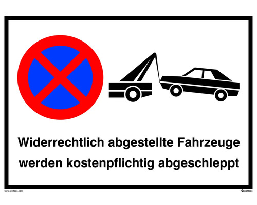 Warnschild "Widerrechtlich abgestellte Fahrzeuge werden kostenpflichtig abgeschleppt" 297x210 mm, Kunststoff