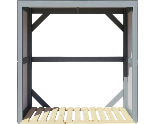 Holzlager mit Boden aus Holzlatten und grauem Holzrahmen