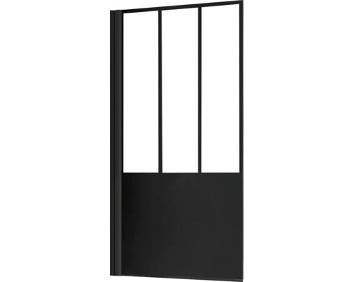 Duschwand mit schwarzem Rahmen und Glasfeldern im Industriedesign