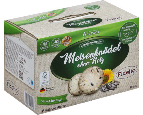 Wildvogelfutter Fidelio Meisenknödel 30er ohne Netz im Karton 2,5kg auch zur Ganzjahresvogelfütterung, Ambrosia kontrolliert