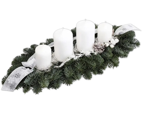 Adventsgesteck Tischgesteck lang inkl. Stumpenkerzen Ø 6 cm H 12 cm weiß-0
