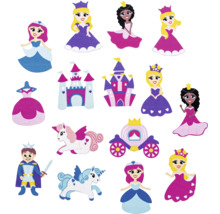 Illustration mit Märchenmotiven wie Prinzessinnen, Burgen, Einhorn, Prinz und Kutsche