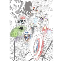 Illustration der Avengers Superhelden vor dem Hintergrund einer Stadt.