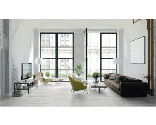 Heller Wohnraum mit Sofa, Sesseln, Fernseher und großen Fenstern