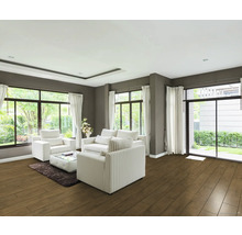 Wohnzimmer mit Holzboden, Sofas und Fenstern
