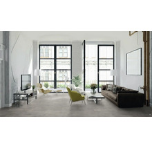 Heller Wohnraum mit Sofa, Sesseln, Fernseher und großen Fenstern