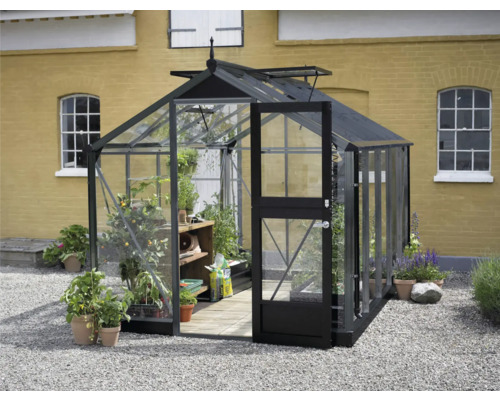 Gewächshaus Juliana Compact inkl. Sicherheitsglas 3 mm 224 x 368 cm anthrazit Gewächshaus mit geöffneter Tür im Garten