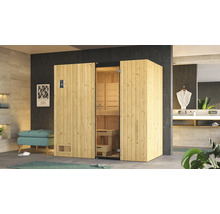 Holzsauna mit Glastür und digitalem Bedienfeld in einem Badezimmer.