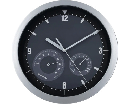 Analoge Wanduhr mit Thermometer und Hygrometer