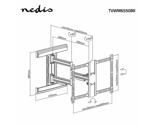 Technische Zeichnung einer TV-Wandhalterung mit Maßangaben
