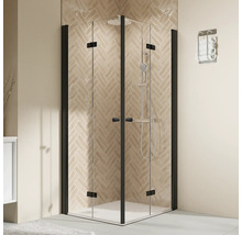 Eckdusche mit schwarzem Rahmen und Duschegarnitur