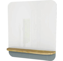 Transparenter Schutz aus Kunststoff mit Ablage aus Holz und vertikalen Streben.