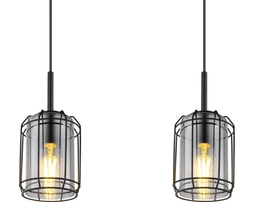 Zwei Pendelleuchten mit Metallkäfig und Glaskörper